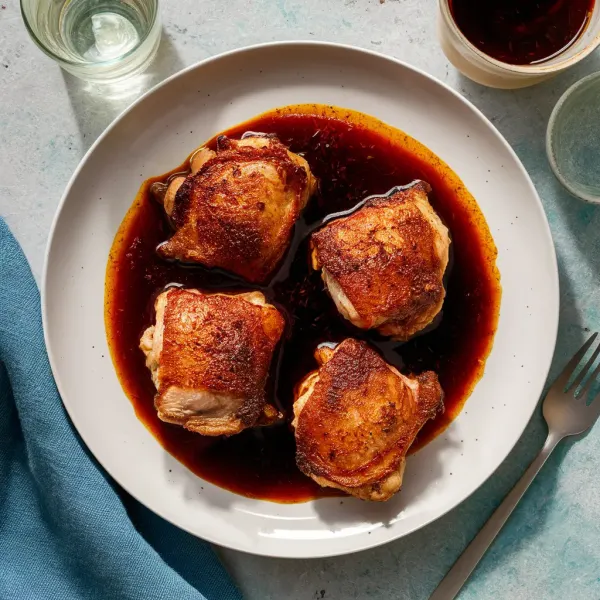 Crispy Skin Chicken Thigh with Red Wine Pan Sauce