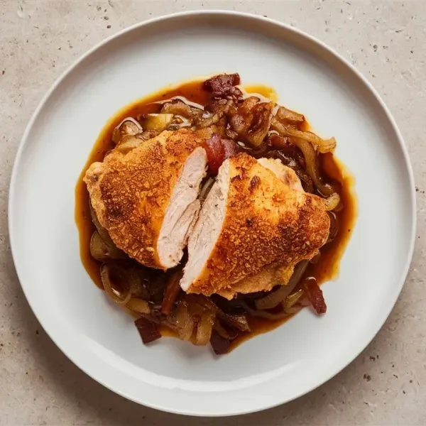 Crispy Skin Chicken Thigh with Whiskey Bacon and Caramelized Onion Pan Sauce