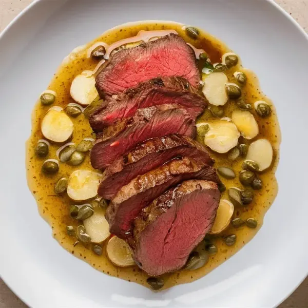 Pan-Seared Steak with Caper Butter Sauce & Dry Sherry