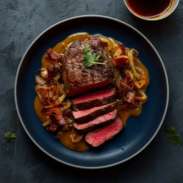 Pan-Seared Steak with Whiskey Bacon-Onion Sauce