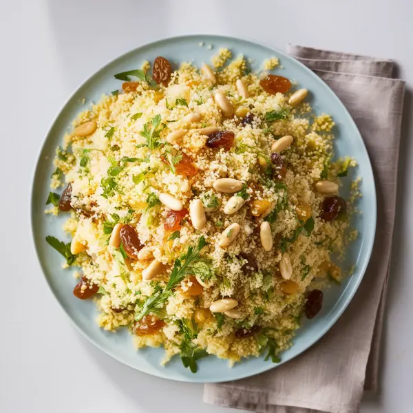 Couscous Salad with Pine Nuts, Golden Raisins and Chimichurri