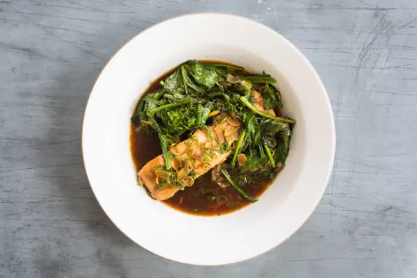 Ginger Soy Poached Salmon with Spinach