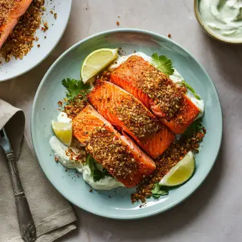 Crispy Skin Salmon with Dukkah Spice Mix and Lime Yogurt Sauce recipe image