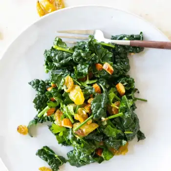 Green Kale Salad with Golden Raisins and Sherry Vinaigrette recipe image