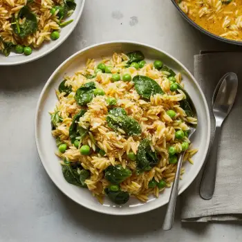 One Pot Coconut Curry Orzo with Spinach and Peas recipe image