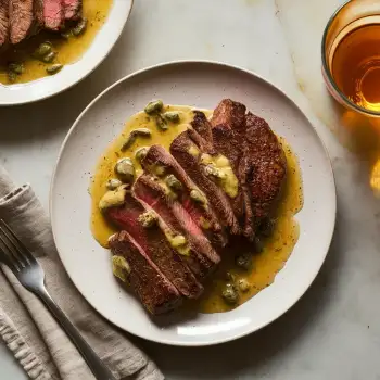 Pan-Seared Steak with Caper Butter Sauce & Dry Sherry recipe image