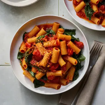 Rigatoni Pomodoro with Roasted Garlic and Swiss Chard recipe image