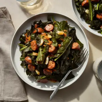 Sauteed Collard Greens with Andouille Sausage, Garlic, and Beer recipe image