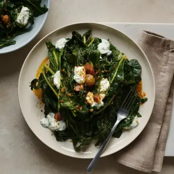 Sauteed Swiss Chard with Harissa, Garlic, and Tzatziki Sauce recipe image