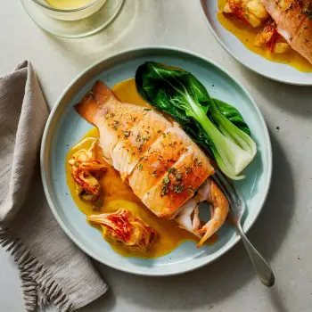 Steamed Snapper with Kimchi Beurre Blanc and Bok Choy recipe image